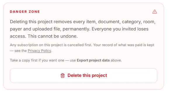 The Danger Zone panel in project settings, warning that deleting the project removes every item, document, category, room, payer and uploaded file permanently, that everyone invited loses access, that this cannot be undone, and that the record of what was paid is kept.