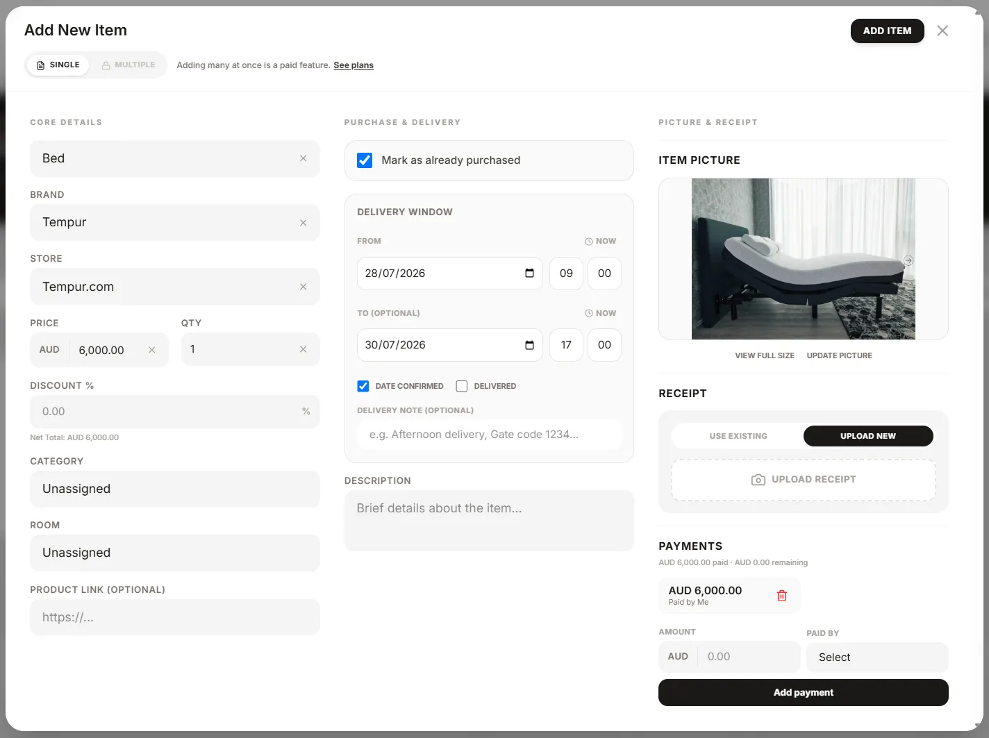 The YPReno item screen: an item priced at AUD 6,000.00 with a delivery window of 28 to 30 July, a payment of AUD 6,000.00 recorded against a payer, and a summary reading AUD 6,000.00 paid, AUD 0.00 remaining.