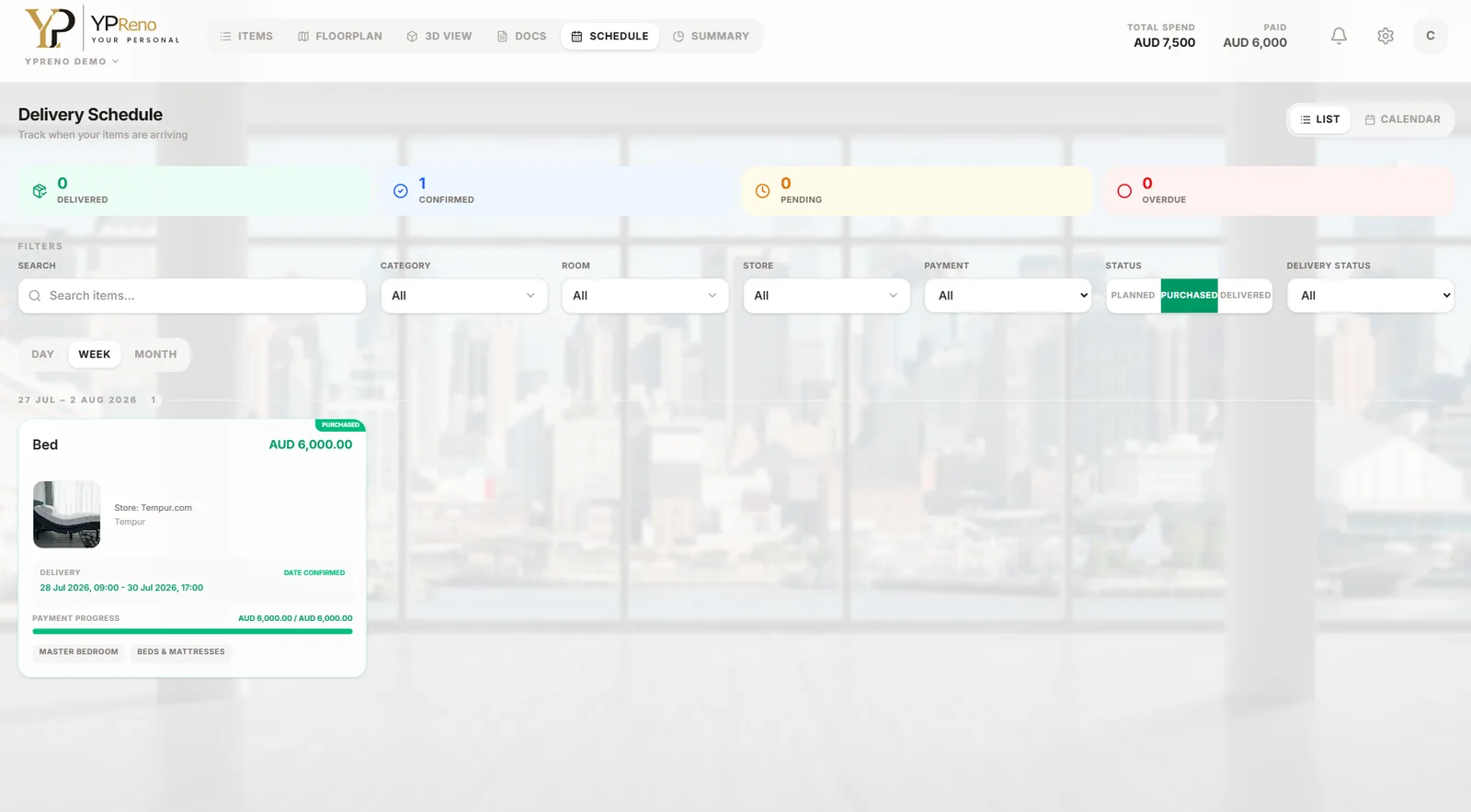 The YPReno delivery schedule in list view, grouped by week under the heading 27 Jul to 2 Aug 2026, with counters for delivered, confirmed, pending and overdue above it. One card shows a Bed at AUD 6,000.00 marked purchased, from Tempur.com, with a delivery window reading 28 Jul 2026, 09:00 to 30 Jul 2026, 17:00 and a green Date confirmed flag.
