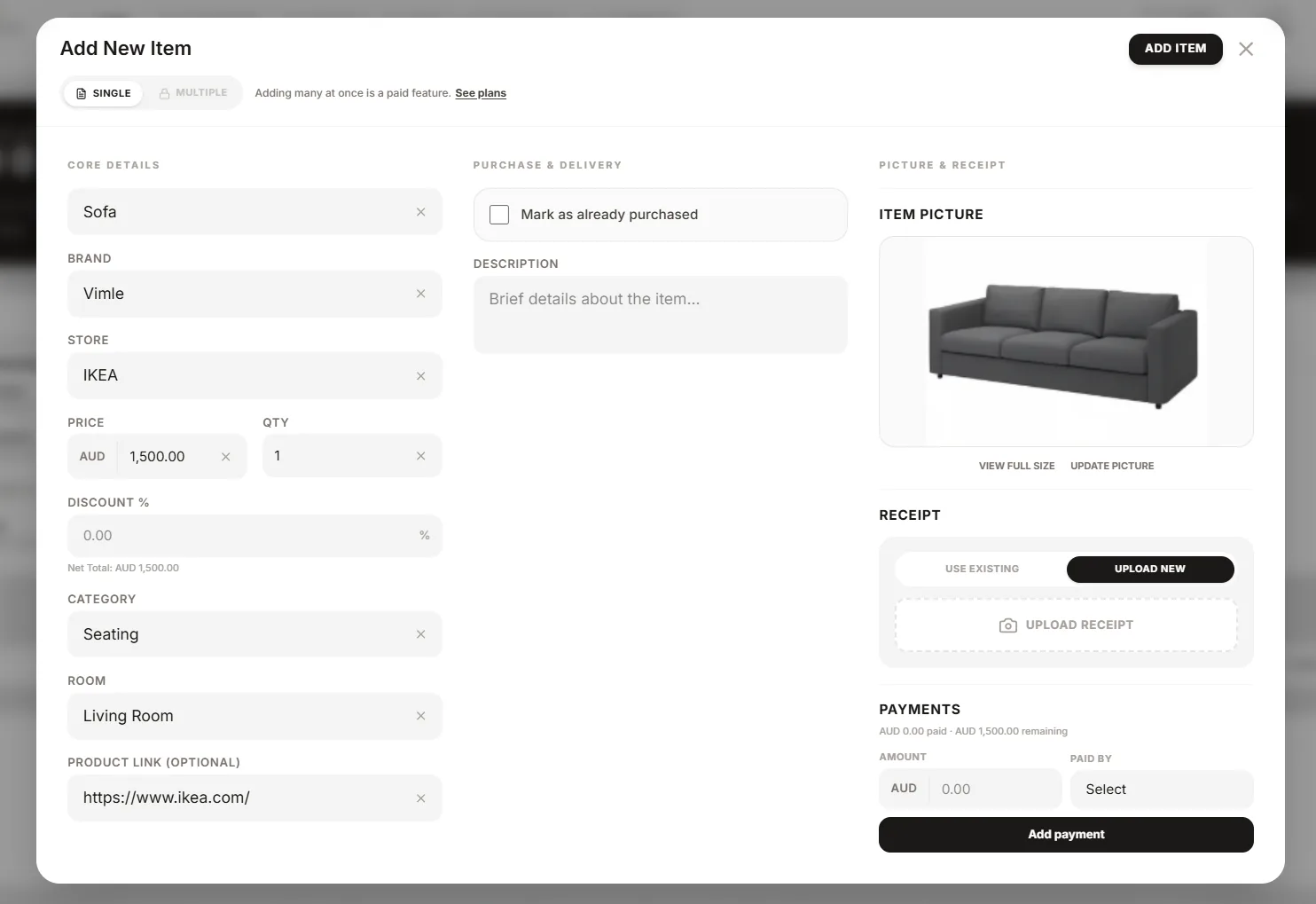 The add-item form: name Sofa, brand Vimle, store IKEA, price AUD 1,500.00, quantity 1, discount 0.00 with a net total below it, category Seating, room Living Room and a product link, with the item's photograph on the right.