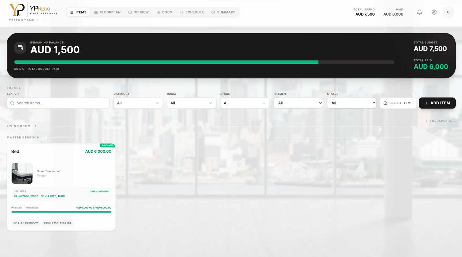 The YPReno items page for a project called YPReno Demo, with the budget band above a filter row and the item list grouped into collapsible rooms — Living Room with one item and Master Bedroom with one — showing a Bed card marked purchased at AUD 6,000.00 from Tempur.com, with its delivery window and a full payment progress bar.